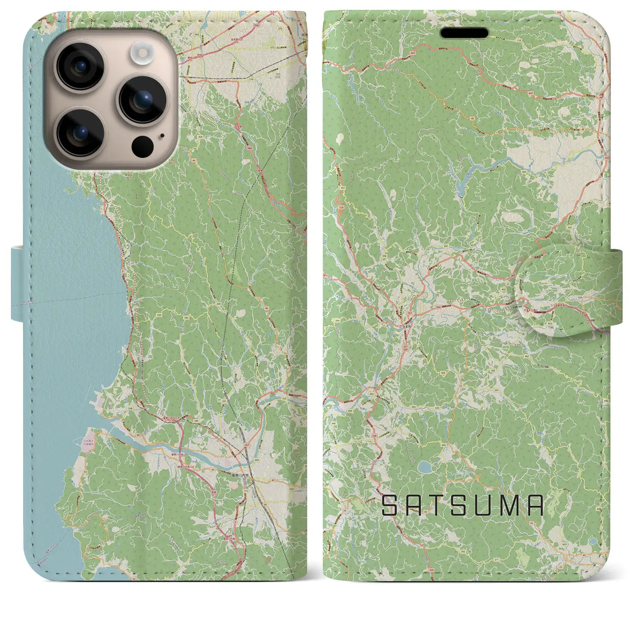 【さつま（鹿児島県）】地図柄iPhoneケース（手帳タイプ）ナチュラル・iPhone 16 Plus 用