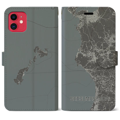 【薩摩川内（鹿児島県）】地図柄iPhoneケース（手帳タイプ）モノトーン・iPhone 11 用