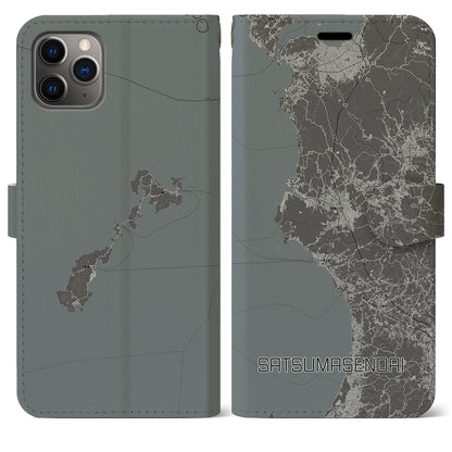 【薩摩川内（鹿児島県）】地図柄iPhoneケース（手帳タイプ）モノトーン・iPhone 11 Pro Max 用