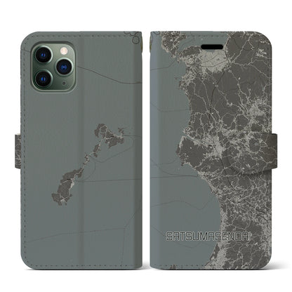 【薩摩川内（鹿児島県）】地図柄iPhoneケース（手帳タイプ）モノトーン・iPhone 11 Pro 用