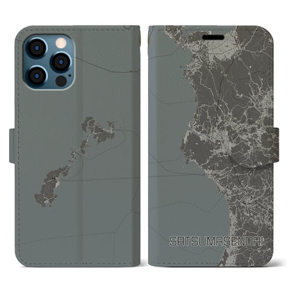 【薩摩川内（鹿児島県）】地図柄iPhoneケース（手帳タイプ）モノトーン・iPhone 12 / 12 Pro 用