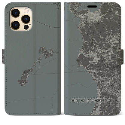 【薩摩川内（鹿児島県）】地図柄iPhoneケース（手帳タイプ）モノトーン・iPhone 12 Pro Max 用