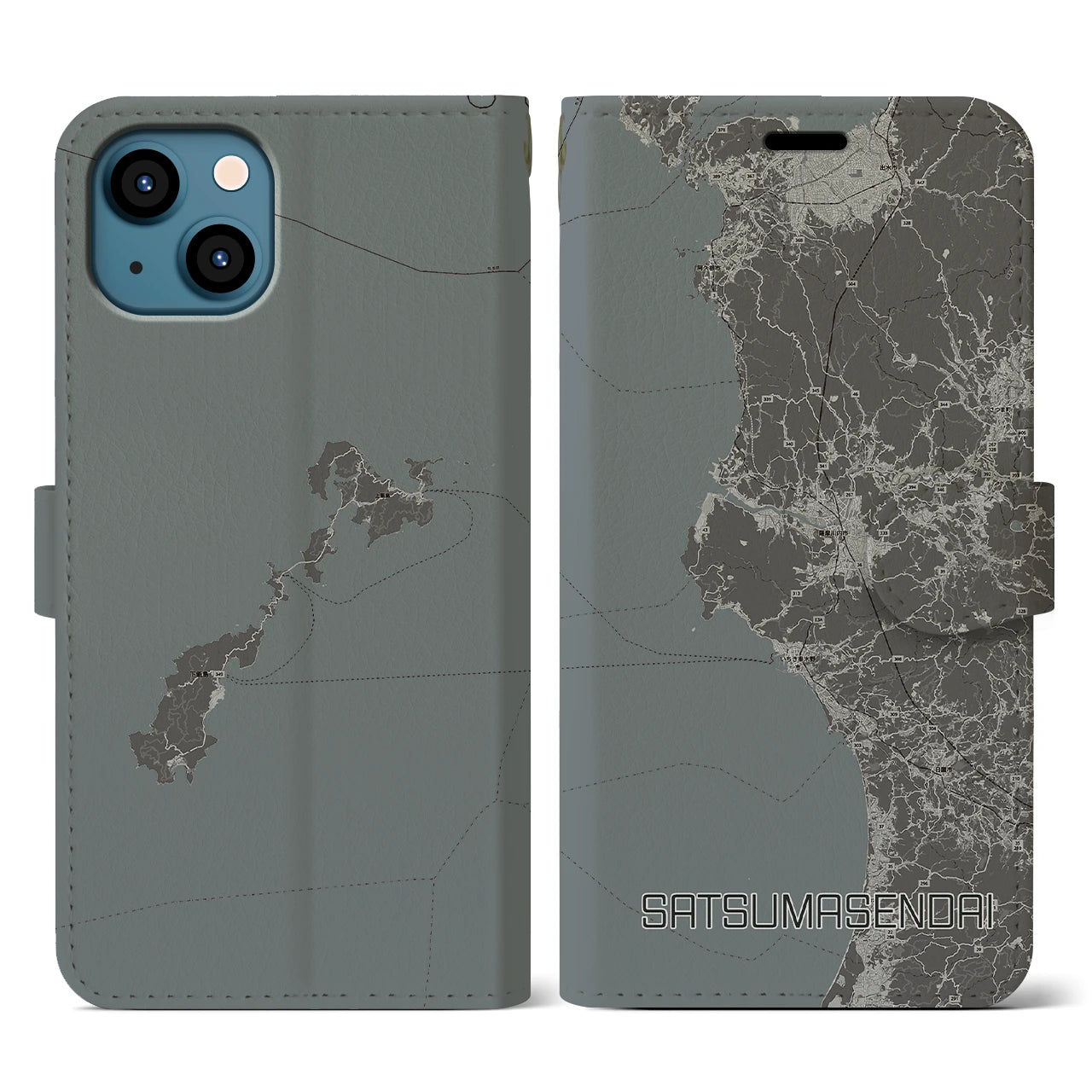 【薩摩川内】地図柄iPhoneケース（手帳両面タイプ・モノトーン）iPhone 13 用