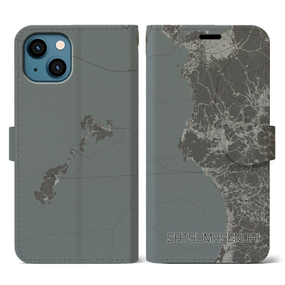 【薩摩川内（鹿児島県）】地図柄iPhoneケース（手帳タイプ）モノトーン・iPhone 13 用
