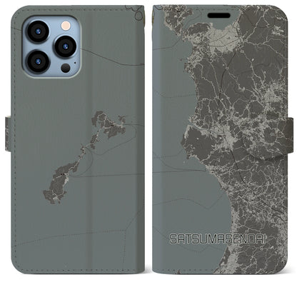 【薩摩川内（鹿児島県）】地図柄iPhoneケース（手帳タイプ）モノトーン・iPhone 13 Pro Max 用