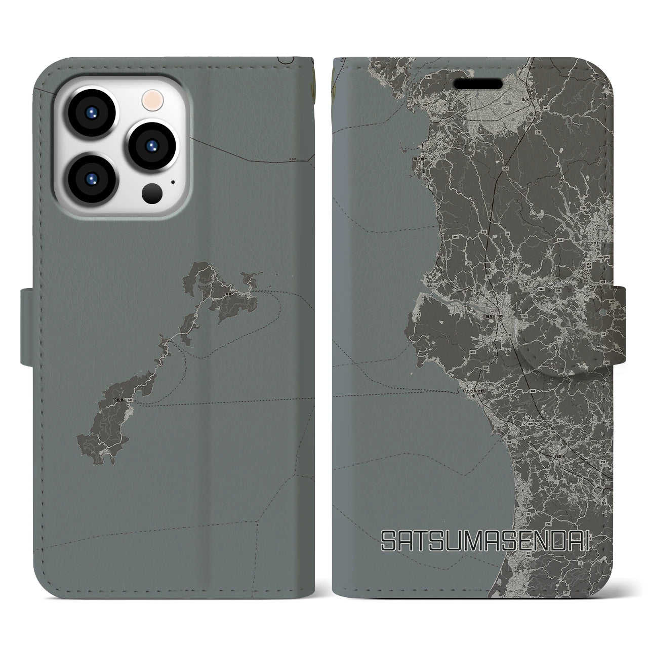 【薩摩川内】地図柄iPhoneケース（手帳両面タイプ・モノトーン）iPhone 13 Pro 用