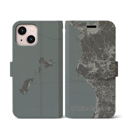【薩摩川内（鹿児島県）】地図柄iPhoneケース（手帳タイプ）モノトーン・iPhone 13 mini 用