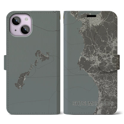 【薩摩川内（鹿児島県）】地図柄iPhoneケース（手帳タイプ）モノトーン・iPhone 14 用