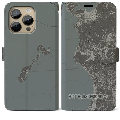 【薩摩川内（鹿児島県）】地図柄iPhoneケース（手帳タイプ）モノトーン・iPhone 14 Pro Max 用