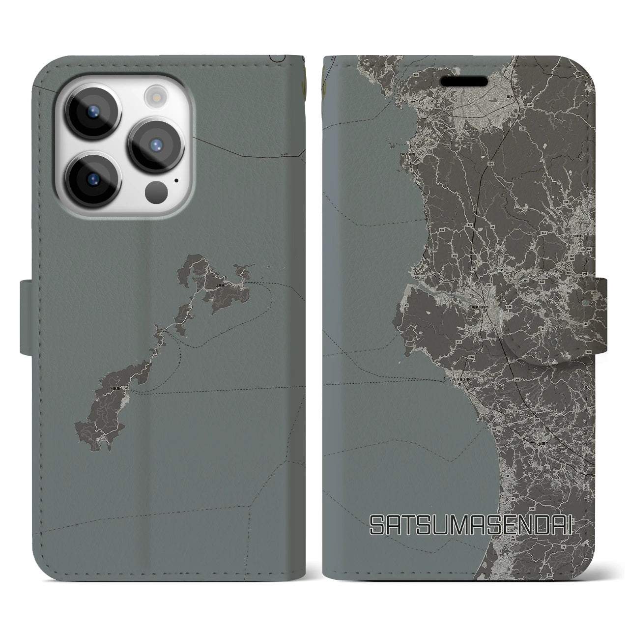 【薩摩川内】地図柄iPhoneケース（手帳両面タイプ・モノトーン）iPhone 14 Pro 用
