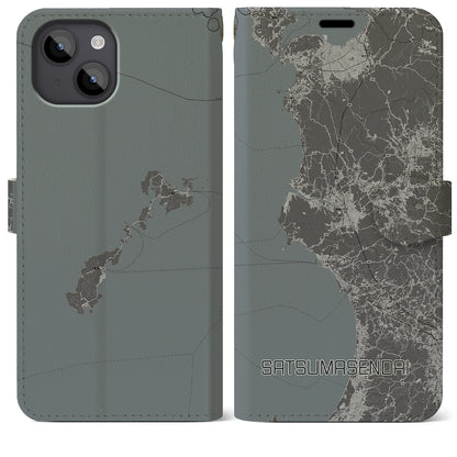 【薩摩川内（鹿児島県）】地図柄iPhoneケース（手帳タイプ）モノトーン・iPhone 14 Plus 用