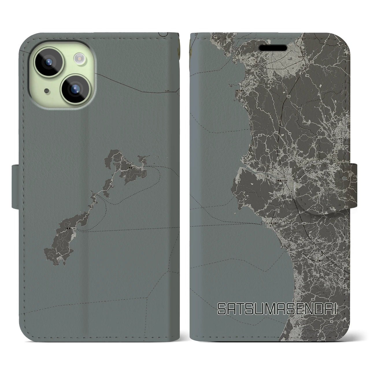 【薩摩川内】地図柄iPhoneケース（手帳両面タイプ・モノトーン）iPhone 15 用