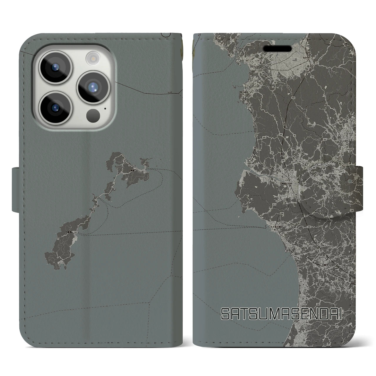 【薩摩川内】地図柄iPhoneケース（手帳両面タイプ・モノトーン）iPhone 15 Pro 用