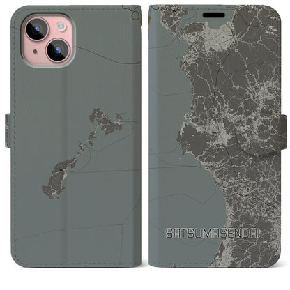 【薩摩川内（鹿児島県）】地図柄iPhoneケース（手帳タイプ）モノトーン・iPhone 15 Plus 用