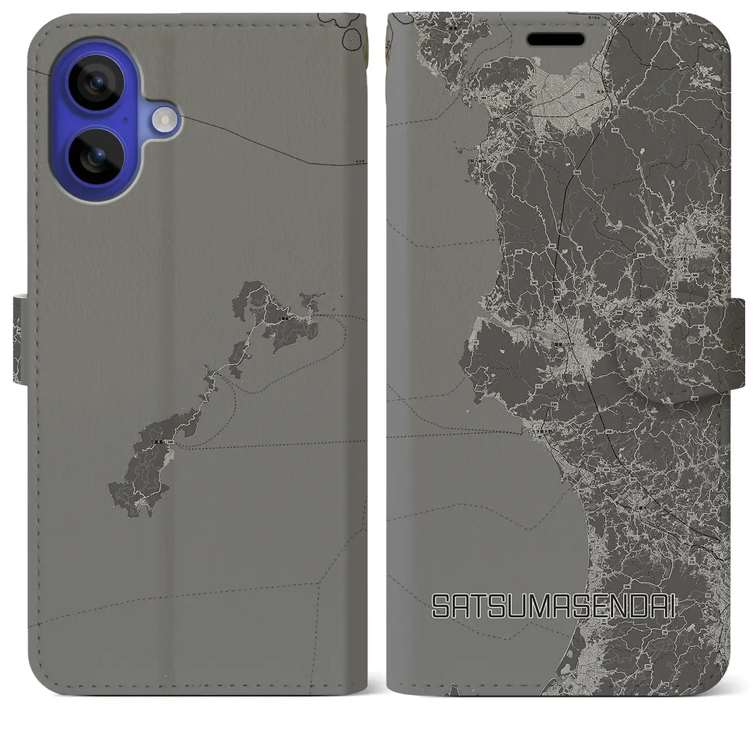 【薩摩川内(鹿児島県)】地図柄iPhoneケース(手帳タイプ)モノトーン・iPhone 16 Pro Max 用