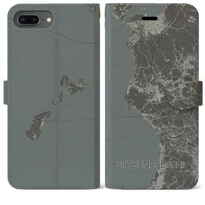 【薩摩川内（鹿児島県）】地図柄iPhoneケース（手帳タイプ）モノトーン・iPhone 8Plus /7Plus / 6sPlus / 6Plus 用