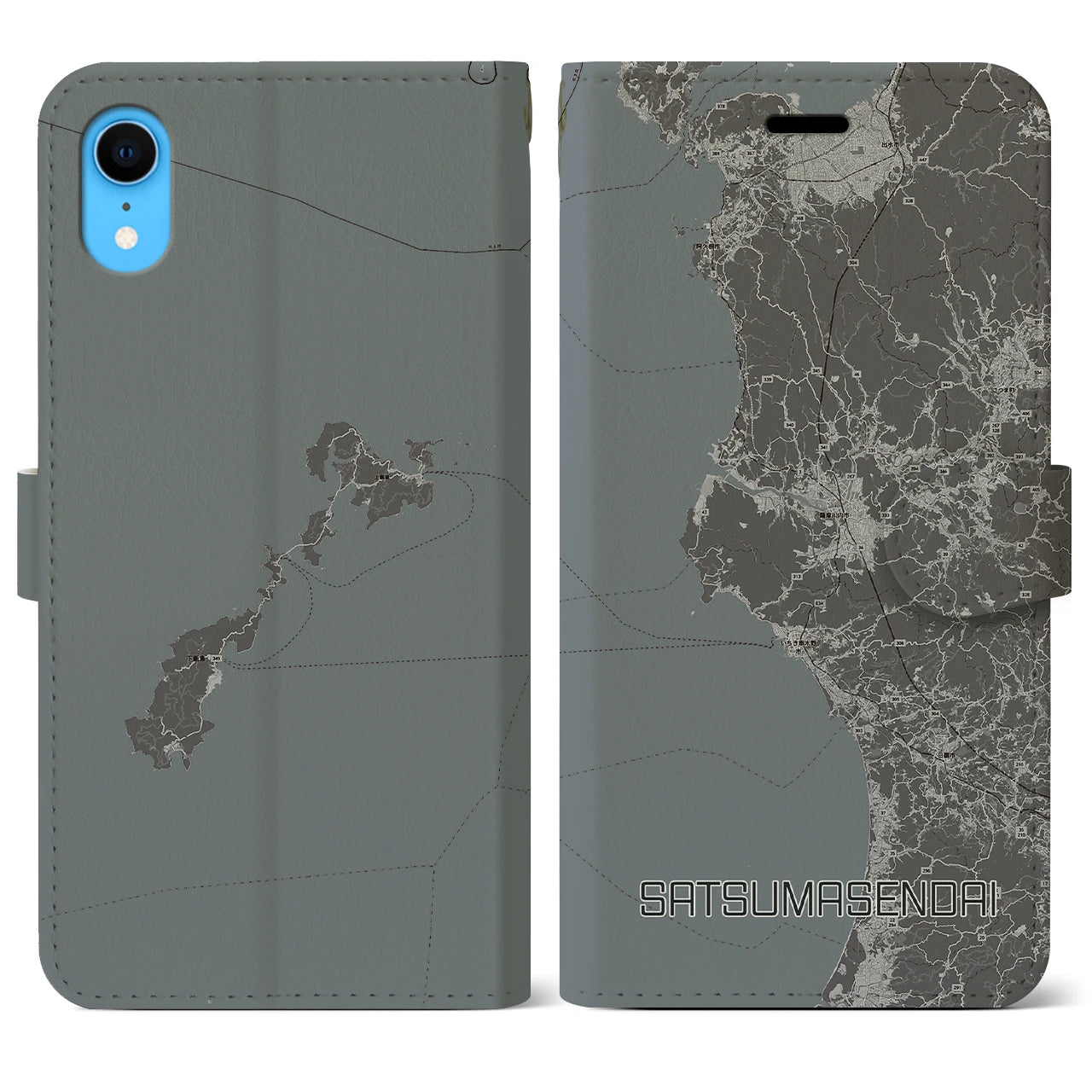 【薩摩川内】地図柄iPhoneケース（手帳両面タイプ・モノトーン）iPhone XR 用