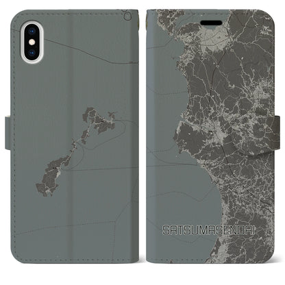 【薩摩川内（鹿児島県）】地図柄iPhoneケース（手帳タイプ）モノトーン・iPhone XS Max 用