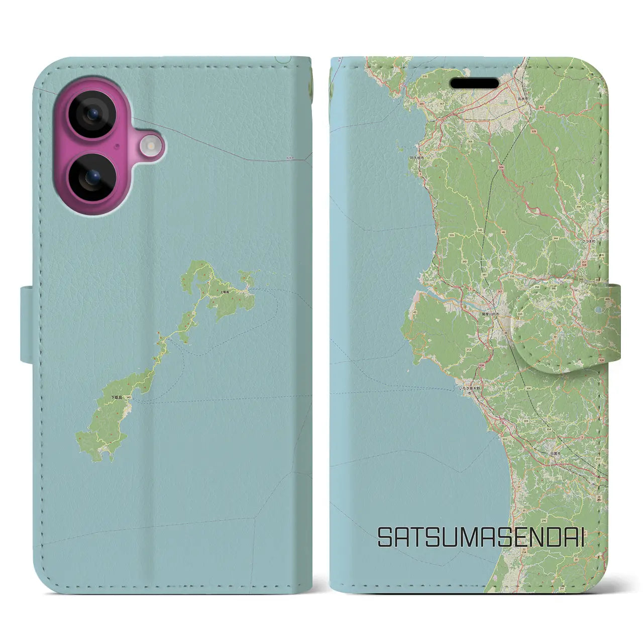 【薩摩川内（鹿児島県）】地図柄iPhoneケース（手帳タイプ）ナチュラル・iPhone 16 Pro 用