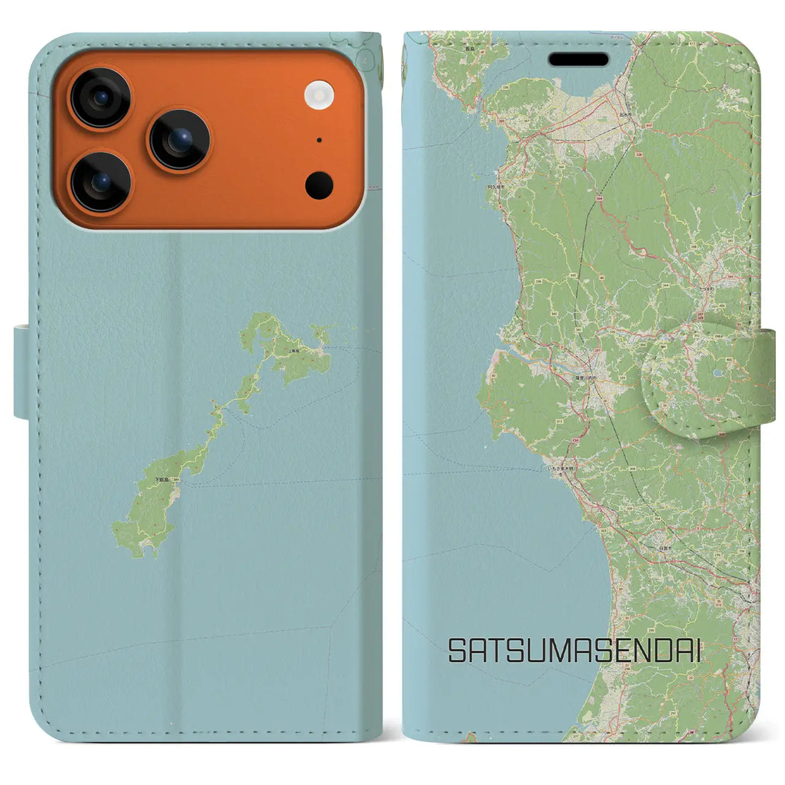 【薩摩川内(鹿児島県)】地図柄iPhoneケース(手帳タイプ)ナチュラル・iPhone 17 Pro Max 用