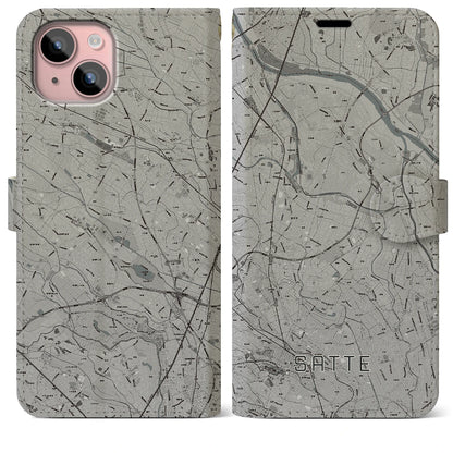 【幸手（埼玉県）】地図柄iPhoneケース（手帳タイプ）モノトーン・iPhone 15 Plus 用