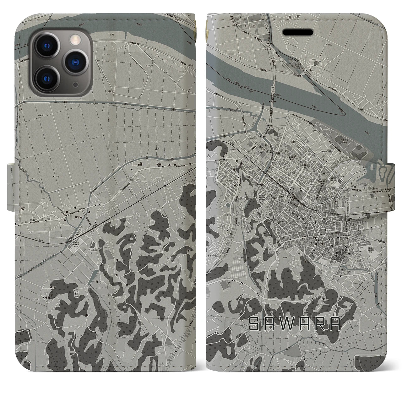 【佐原】地図柄iPhoneケース（手帳両面タイプ・モノトーン）iPhone 11 Pro Max 用