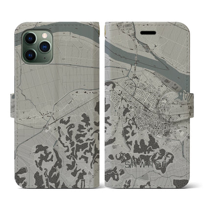 【佐原（千葉県）】地図柄iPhoneケース（手帳タイプ）モノトーン・iPhone 11 Pro 用