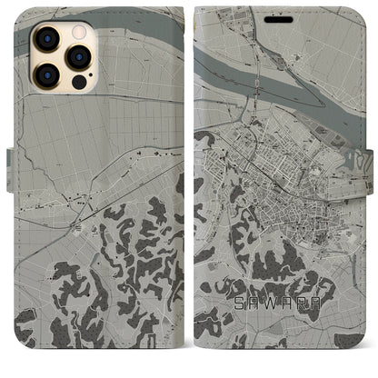 【佐原（千葉県）】地図柄iPhoneケース（手帳タイプ）モノトーン・iPhone 12 Pro Max 用