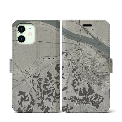 【佐原（千葉県）】地図柄iPhoneケース（手帳タイプ）モノトーン・iPhone 12 mini 用