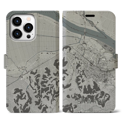 【佐原（千葉県）】地図柄iPhoneケース（手帳タイプ）モノトーン・iPhone 13 Pro 用