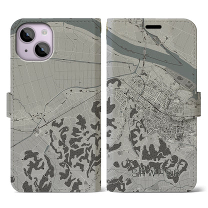 【佐原（千葉県）】地図柄iPhoneケース（手帳タイプ）モノトーン・iPhone 14 用