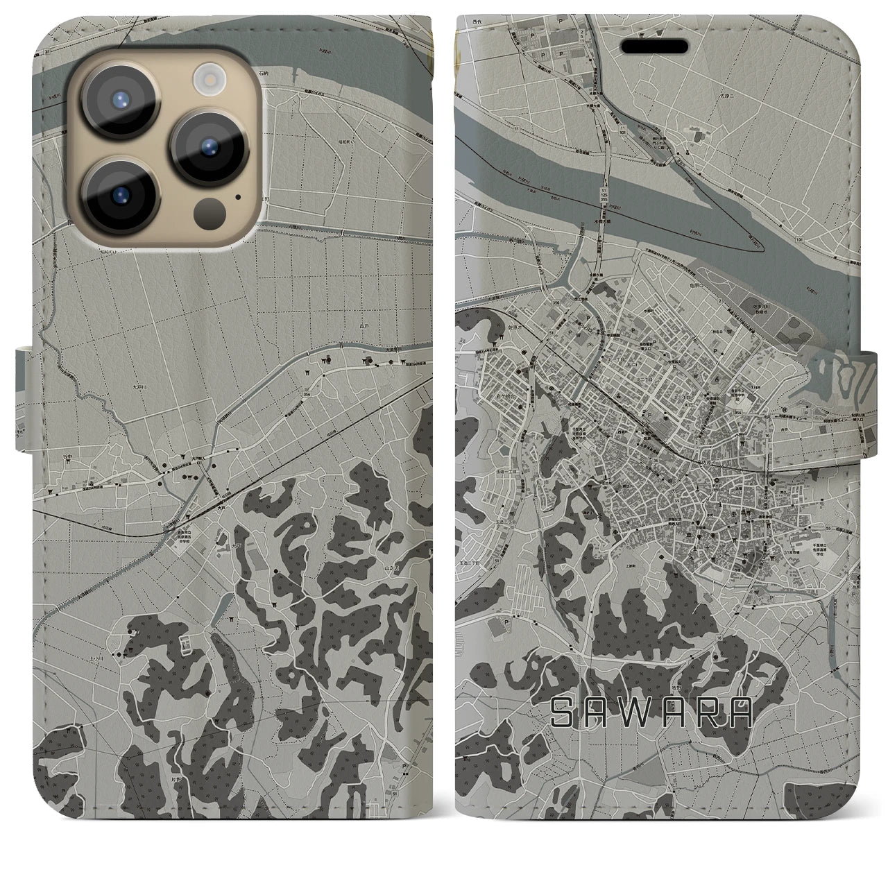 【佐原】地図柄iPhoneケース（手帳両面タイプ・モノトーン）iPhone 14 Pro Max 用