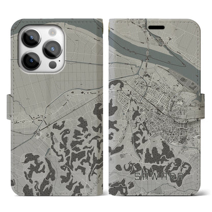 【佐原（千葉県）】地図柄iPhoneケース（手帳タイプ）モノトーン・iPhone 14 Pro 用