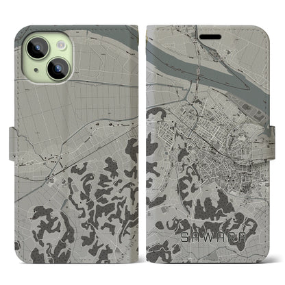 【佐原（千葉県）】地図柄iPhoneケース（手帳タイプ）モノトーン・iPhone 15 用