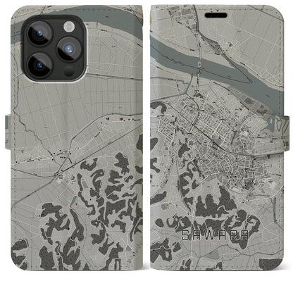 【佐原（千葉県）】地図柄iPhoneケース（手帳タイプ）モノトーン・iPhone 15 Pro Max 用