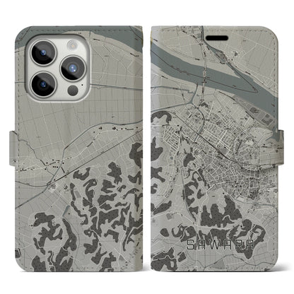 【佐原（千葉県）】地図柄iPhoneケース（手帳タイプ）モノトーン・iPhone 15 Pro 用