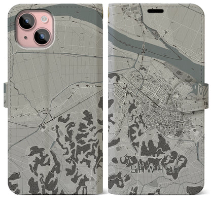 【佐原（千葉県）】地図柄iPhoneケース（手帳タイプ）モノトーン・iPhone 15 Plus 用