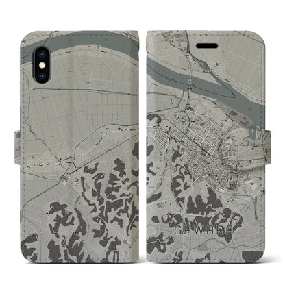 【佐原（千葉県）】地図柄iPhoneケース（手帳タイプ）モノトーン・iPhone XS / X 用