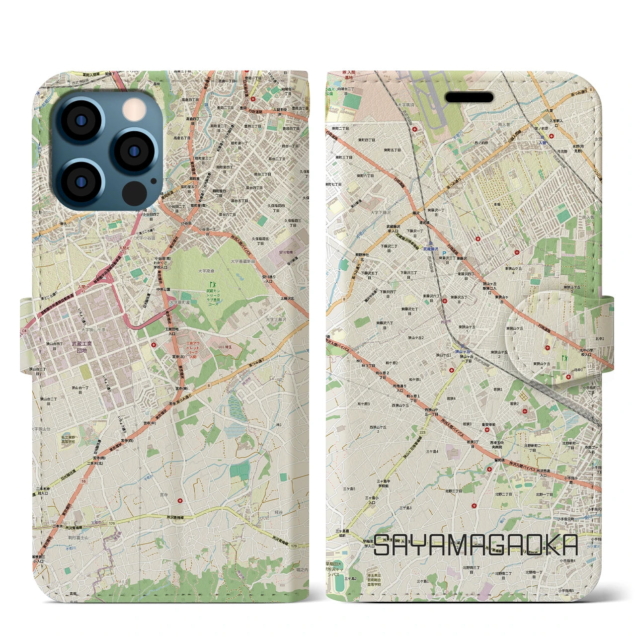 【狭山ヶ丘（埼玉県）】地図柄iPhoneケース（手帳タイプ）