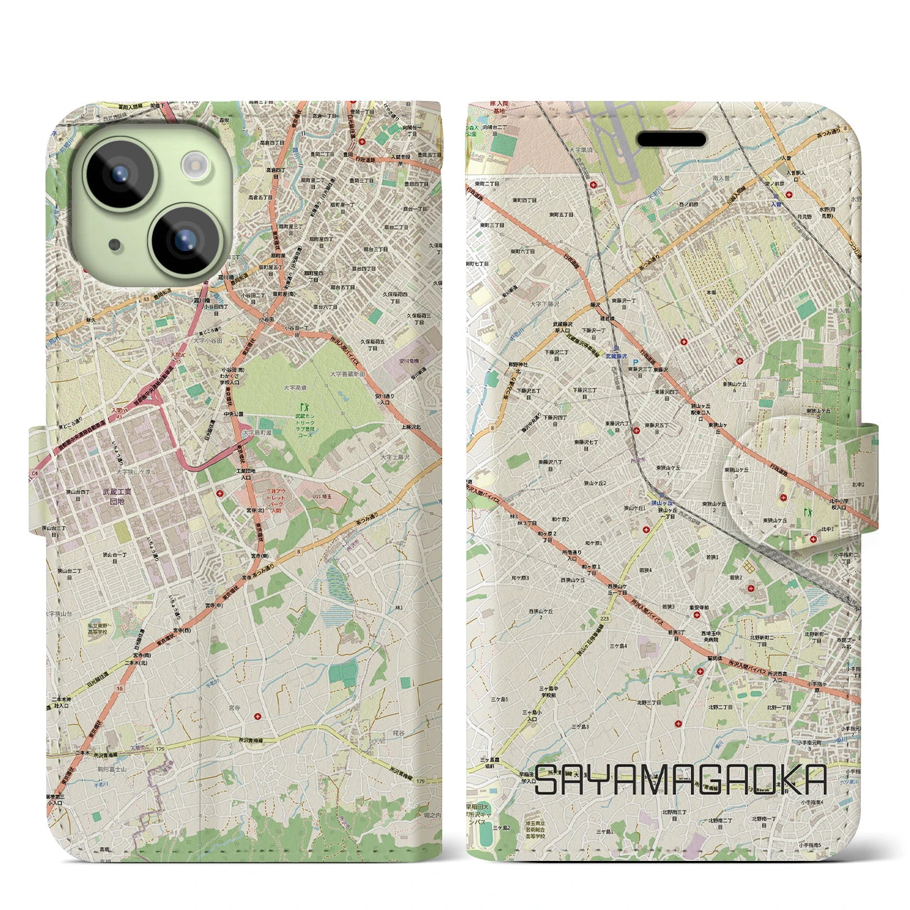 【狭山ヶ丘（埼玉県）】地図柄iPhoneケース（手帳タイプ）