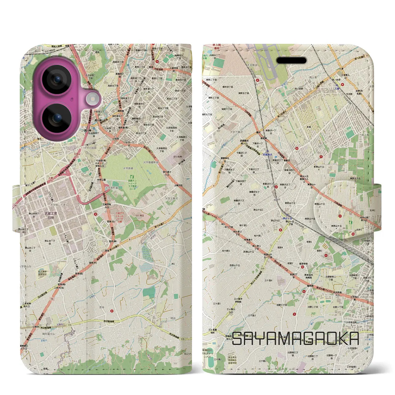 【狭山ヶ丘（埼玉県）】地図柄iPhoneケース（手帳タイプ）