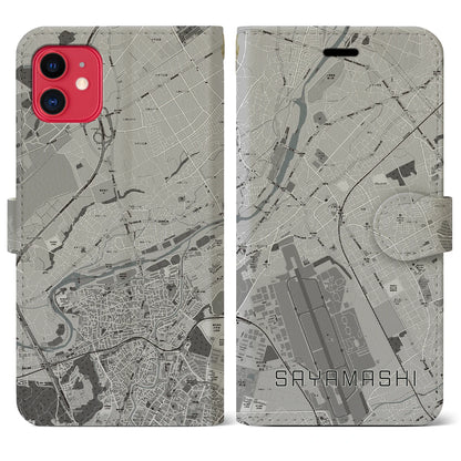 【狭山市（埼玉県）】地図柄iPhoneケース（手帳タイプ）モノトーン・iPhone 11 用