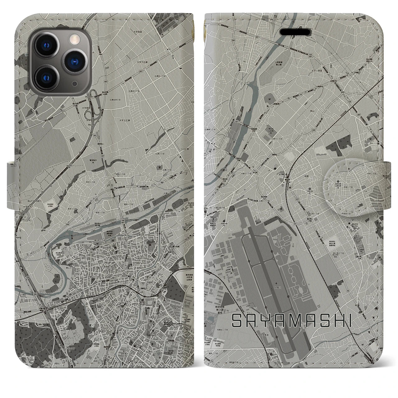 【狭山市】地図柄iPhoneケース（手帳両面タイプ・モノトーン）iPhone 11 Pro Max 用