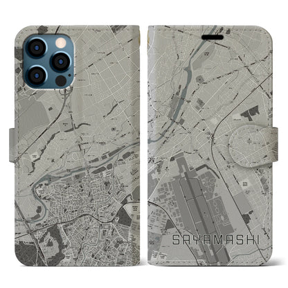 【狭山市（埼玉県）】地図柄iPhoneケース（手帳タイプ）モノトーン・iPhone 12 / 12 Pro 用