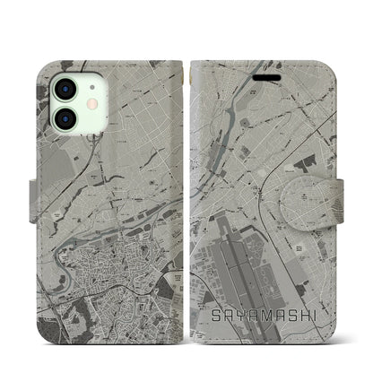 【狭山市（埼玉県）】地図柄iPhoneケース（手帳タイプ）モノトーン・iPhone 12 mini 用