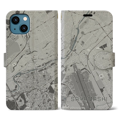 【狭山市（埼玉県）】地図柄iPhoneケース（手帳タイプ）モノトーン・iPhone 13 用