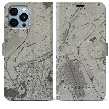 【狭山市（埼玉県）】地図柄iPhoneケース（手帳タイプ）モノトーン・iPhone 13 Pro Max 用