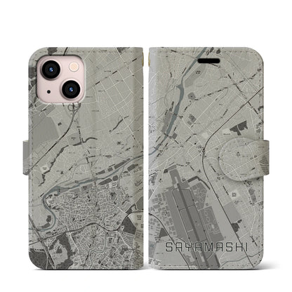 【狭山市（埼玉県）】地図柄iPhoneケース（手帳タイプ）モノトーン・iPhone 13 mini 用