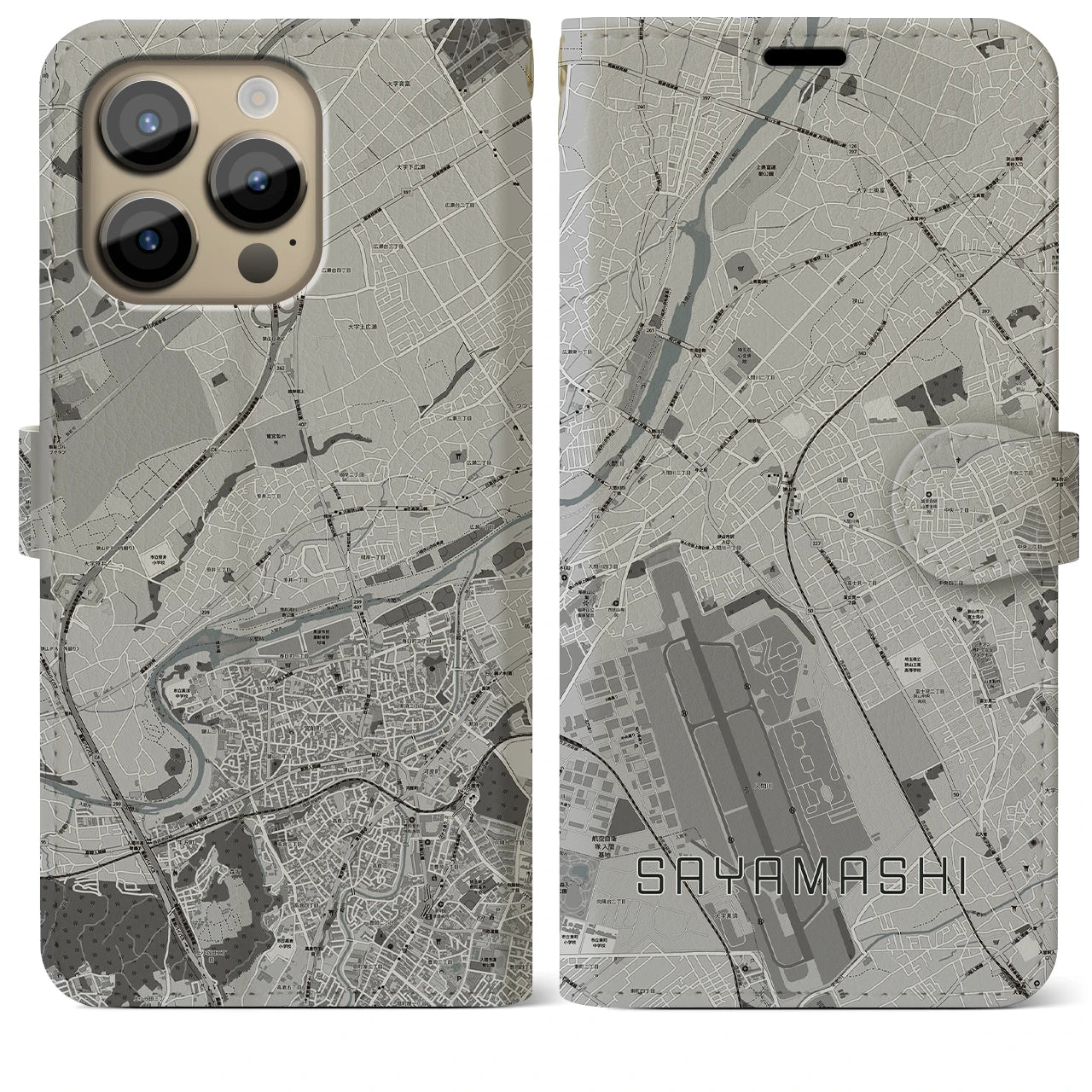 【狭山市】地図柄iPhoneケース（手帳両面タイプ・モノトーン）iPhone 14 Pro Max 用
