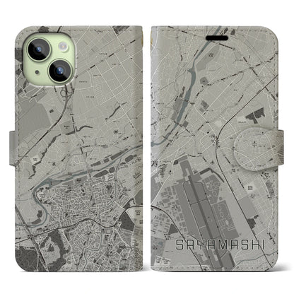 【狭山市（埼玉県）】地図柄iPhoneケース（手帳タイプ）モノトーン・iPhone 15 用